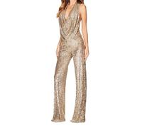 EFOFEI Damen V-Ausschnitt Glitzer Jumpsuits Abend Pailletten Jumpsuit Figurbetonte Weitbein Hosen Overalls Champagner M