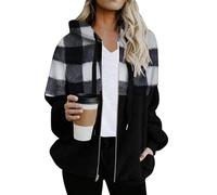 EFOFEI Damen Warm Faux Fur Color Block Coat Plaid Drawstring Sweatshirt Coat Plaid Patchwork Coat with Hood Schwarz Weiß 4XL