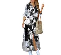 EFOFEI Damenkleid Irregualr Langes Hemdkleid Chiffon Druck Hemd Maxi Kleid Lässig Revers Camouflage Print Hemdkleid Krawattenfarbe Schwarz 3XL