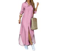 EFOFEI Frauen Button Down Hemd Kleid Turn Down Kragen Kleid Aufrollen Ärmel Kleid Drucken Langes Maxi Kleid Rosa M