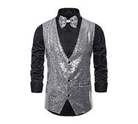 EFOFEI Herren Business Pure Farbe Glänzend Weste Klassisch Hochzeit Party Prom Weste Mode Glänzend Notch Revers Weste Silber M