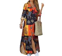 EFOFEI Lady Sommer Party Kleid Lässig Herbst Hemd Lässig Revers Kleid Aufrollen Langarm Langarm Kleid Gelb 3XL