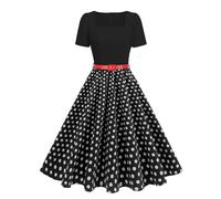 EFOGEP 50er Jahre Damen Kleider, Vintage Polka Dot Kurzarm A-Linie Midi Kleid, Rockabilly Kleid mit Gürtel für Cocktail Hochzeit Büro Schwarz XL