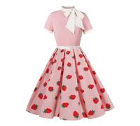 EFOGEP 50er Jahre Kleider fr Damen: Vintage 1950s Erdbeere A Line Swing Cocktailkleid Kurzrmeliger Krawattenausschnitt Rockabilly Retro Hochzeit Formales Abendkleid mit Grtel Rosa & Erdbeere L