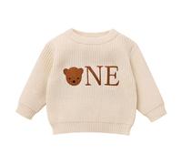 EFOGEP Baby Jungen Mädchen ersten Geburtstag Pullover niedlich Bestickt eine Lange Ärmel gestrickt Pullover Top Kleinkind Winter warm Kuchen Smash Fotoshooting Sweatshirt Khaki 1 Year