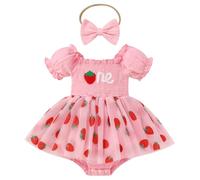 EFOGEP Baby Mädchen ersten Geburtstag Outfits: Kurze Ärmel Erdbeere/Blumen/Schmetterling Smocked Rüsche Tüll Strampler Kleid + Stirnband 2PCS Ein Jahr alt Party Kuchen Smash Fotoshooting Outfits