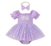EFOGEP Baby Mädchen Erster Geburtstag Outfits: Kurze Ärmel Smocked Ruffle Tulle Romper Kleid + Stirnband 2PCS EIN Jahr alt Party Kuchen Smash Fotoshooting Outfits Lila & Schmetterling 9-12 Monate