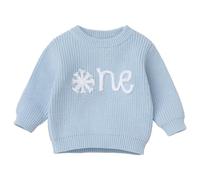 EFOGEP Baby Mädchen Jungen ersten Geburtstag Outfit: Lange Ärmel Stickerei ein Jahr alt Pullover Top warm gestrickt Pullover Sweatshirt Kuchen Smash Foto kurz Herbst Winter Kleidung Blau & Eins 1 Jahr