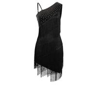 EFOGEP Damen Asymmetrisch Eine Schulter Strass Fransen Latin Dance Kleid 1920s Pailletten Quaste Flapper Kleider Salsa Cha-Cha Ballroom Dance Kostüm Schwarz XL