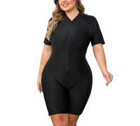 EFOGEP Damen Badeanzug Große Größen Badeanzug mit Bein L-4XL | Bauchweg Figurformend Kurzarm mit Brustpolstern Reißverschluss - für Schwimmbad Therme Strand Sport
