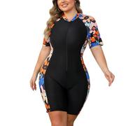EFOGEP Damen Badeanzug Große Größen - Bauchweg Figurformend Kurzarm mit Brustpolstern Reißverschluss - für Schwimmbad Therme Strand Sport 02# Schwarz 4XL