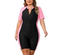 EFOGEP Damen Badeanzug Große Größen - Bauchweg Figurformend Kurzarm mit Brustpolstern Reißverschluss - für Schwimmbad Therme Strand Sport 01# Schwarz 4XL