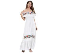 EFOGEP Damen Mexikanisches Kleid: Sommer Boho Blumen Drapiertes Kleid Schulterfrei Traditionelle Fiesta Kleider Bohemian Lange Maxikleider Casual Hochzeit Strand Kleid mit Grtel Wei & Geblmt S