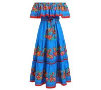 EFOGEP Damen Mexikanisches Kleid: Sommer Boho Blumen Drapiertes Kleid Schulterfrei Traditionelle Fiesta Kleider Bohemian Lange Maxikleider Casual Hochzeit Strand Party Kleid mit Grtel Blau M