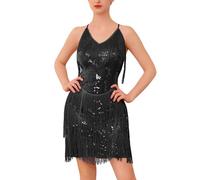 EFOGEP Damen Pailletten Salsa Latein Tanzkleid Sexy Lace Up Rückenfrei Glitzernde Quasten Fransenkleider Great Gatsby Cocktail Ballroom Jazz Performance Tanzkostüm Schwarz XL