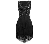 EFOGEP Damen Salsa Latin Dance Kleid Vintage 1920s Ärmellos Strass Lagen Fransenkleider Gatsby Cocktail Ballroom Tangos ChaCha Rumba Flapper Cami Kleid Schwarz XL