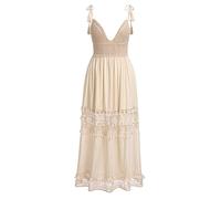 EFOGEP Damen Sommer Boho Kleid: Sexy Rückenfrei Blumen Spitze Up Quaste V Ausschnitt Flare Fransen Strandkleid Casual Urlaub Hochzeit Gast Heimkehr Langes Maxikleid Beige ärmellos 2XL