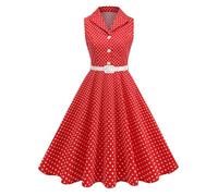 EFOGEP Damen Vintage 1950s Rockabilly Swing Kleid Elegant Polka Dot Revers Cocktail Audrey Hepburn Style Formal Prom Tea Party Midi Kleider mit Gürtel Rot XL