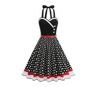 EFOGEP Damen Vintage Spaghetti Strap Rockabilly Swing Kleid 50s Pinup Hepburn Style Halterneck Polka Dot A-Line Kleider Floral Print Cocktail Party Formal Abendkleid Schwarz M