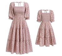 EFOGEP Mama und ich zusammenpassende Kleider: Floral gedruckt Geraffte Laterne Ärmel A-Linie Lange fließende Kleid lässig Strand Urlaub Mutter Tochter zusammenpassende Outfits Rosa Blume XL