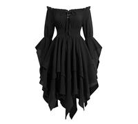 EFOGEP Renaissance Kleid Damen, Mittelalter Kleid Off-Shoulder Schwarz M