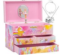 efubaby Schmuckkästchen für Mädchen, Einhorn-Halskette und Armband-Set mit 3 ausziehbaren Schubladen, drehende Ballerina-Schmuckschatulle für Mädchen, Kinder, Weihnachten, Walzer der Blumen, bunt