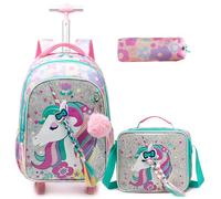 Egchescebo Kinder Rucksack mit Einhorn Rollen Kinderkoffer Mädchen für Koffer Schultrolley Kindertrolley Trolley Groß Schultasche Handgepäck Kindergepäck 17" 3pcs Sätze Geeignet für Grundschüler Rosa