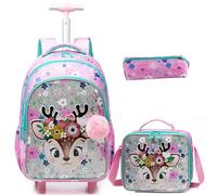 Egchescebo Kinder Rucksack mit Fuchs Rollen Kinderkoffer Mädchen für Koffer Schultrolley Kindertrolley Trolley Groß Schultasche Handgepäck Kindergepäck 17" 3pcs Sätze Geeignet für Grundschüler Rosa
