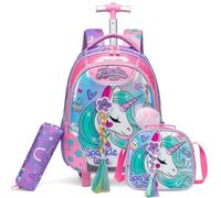 Egchescebo Kinder Rucksack mit Rollen für Mädchen die Schule Zöpfen Einhörner Koffer Schultrolley Komplett mit Lunchbag und Federmäppchen-Set Geeignet Grundschüler Jugendliche 5-12 Jahre Alt Rot