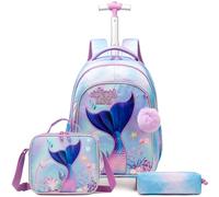 Egchescebo Kinder Rucksack mit Rollen Kinderkoffer 17” Mädchen für Koffer Schultrolley Kindertrolley Trolley Groß Schultasche Handgepäck Kindergepäck Sätze Geeignet Grundschüler Meerjungfrau Hellblau