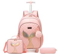 Egchescebo Kinder Rucksack mit Rollen Kinderkoffer 17” Mädchen für Koffer Schultrolley Kindertrolley Trolley Groß Schultasche Handgepäck Kindergepäck 3pcs Sätze Geeignet Grundschüler Meerjungfrau Rosa