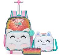 Egchescebo Kinder Rucksack mit Rollen Kinderkoffer 17 Mädchen für Koffer Schultrolley Kindertrolley Trolley Groß Schultasche Handgepäck Kindergepäck 3pcs Sätze Geeignet Grundschüler Plüsch Katzen Rosa
