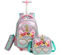Egchescebo Kinder Rucksack mit Rollen Kinderkoffer 17” Mädchen für Koffer Schultrolley Kindertrolley Trolley Groß Schultasche Handgepäck Kindergepäck 3pcs Sätze Geeignet für Grundschüler Einhorn Rosa