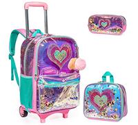 Egchescebo Rucksack Mädchen Schulranzen Trolley Schulrucksack Teenager 5PCS 16” Kinder Schultrolley Geeignet für Schule und Reise,Abnehmbarer rosafarbener Panda-Trolley-Rucksack (Pink-Aixin)