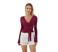 Eghunooye Y2K Langarm-Top für Damen, tiefer V-Ausschnitt, schmale Passform, Workout, Yoga, Ballett, Wickel-Shirt, kokett, ästhetisches Bindeshirt, rosarot, M