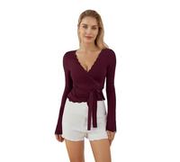 Eghunooye Y2K Langarm-Top für Damen, tiefer V-Ausschnitt, schmale Passform, Workout, Yoga, Ballett, Wickel-Shirt, kokett, ästhetisches Bindeshirt, weinrot, S