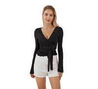 Eghunooye Y2K Langarm-Top für Damen, tiefer V-Ausschnitt, schmale Passform, Workout, Yoga, Ballett, Wickel-Shirt, kokett, ästhetisches Bindeshirt, Schwarz , XL