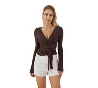 Eghunooye Y2K Langarm-Top für Damen, tiefer V-Ausschnitt, schmale Passform, Workout, Yoga, Ballett, Wickel-Shirt, kokett, ästhetisches Bindeshirt, dunkelbraun, L