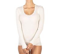 EGI Damen-Shirt mit langen Ärmeln, Mikro-Wolle, gerippt, Ausschnitt und Ärmelbündchen aus Spitze, Weiß L-XL