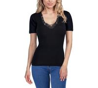 EGI-Damenhemd mit halben Ärmeln, 85% Wolle und 15% Seide, Makramee-Spitze, Satinkante, Artikel 146, Nero - Black, S