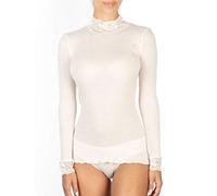 EGI Langarmshirt für Damen aus Microwolle, gerippt, mit Kragen und Ärmelbündchen aus Spitze, blau, L-XL