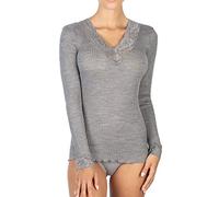 EGI Langarmshirt für Damen aus Microwolle, gerippter V-Ausschnitt und Ärmelbündchen aus Spitze, grau, XL