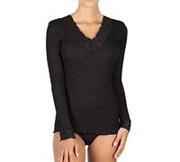 EGI Langarmshirt für Damen aus Microwolle, gerippter V-Ausschnitt und Ärmelbündchen aus Spitze, Schwarz , S-M