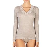 EGI Langarmshirt für Damen aus Microwolle, gerippter V-Ausschnitt und Ärmelbündchen aus Spitze, walnuss, S-M