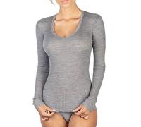 EGI Langarmshirt für Damen, Mikrowolle, gerippte Kanten, Ausschnitt und Ärmelbündchen, Spitze, grau, S-M