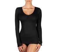 EGI Luxuriöses Langarm-Top aus Wolle und Seide, V-Ausschnitt, hergestellt in Italien, Art.1493, schwarz, S/M