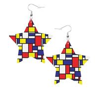 EgoMed Leder-Ohrringe, Kunstleder-Stern-Ohrringe, metallische Tropfen-Ohrringe für Frauen und Mädchen,Mondrian-Musterdruck
