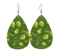 EgoMed Lederohrringe, Damen-Ohrringe aus Kunstleder in Tropfenform, metallische Tropfenohrringe,Grünes Hopfen- und Blättermuster