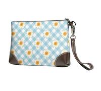EgoMed Retro Gänseblümchen Blumen Blau Karomuster,Handgelenktaschen PU-Leder Clutch Damen Reißverschluss Geldbörse Brieftasche Handtasche mit Handschlaufe