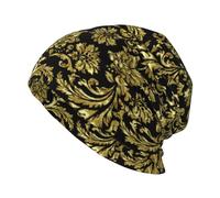 EgoMed Totenkopf-Mütze, Strickmütze, Polyester-Sturmhaube, Slouchy-Beanie-Mütze, Laufmütze, Schwarz und glänzendes Gold, Vintage-Blumen-Damast